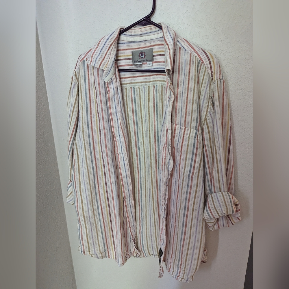Awesome territory ahead. Button up rainbow shirt.